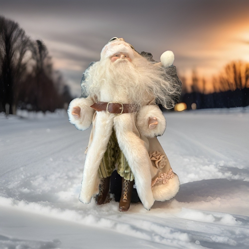 Ivory and Green Santa Holiday Ornament - Classic Winter Figurine